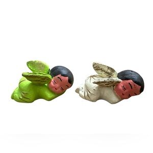 Mexican Made (2) Baby Angles Hand Painted Clay Art Multicolored‎ Pair Artistic
